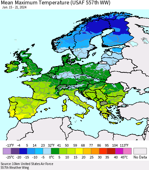 Europe Mean Maximum Temperature (USAF 557th WW) Thematic Map For 1/15/2024 - 1/21/2024