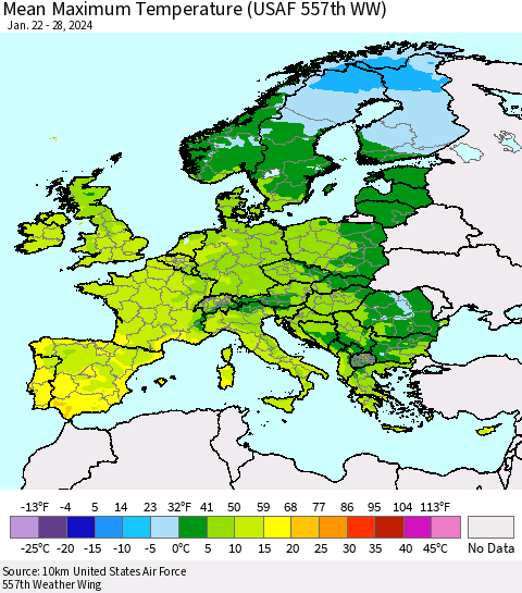 Europe Mean Maximum Temperature (USAF 557th WW) Thematic Map For 1/22/2024 - 1/28/2024