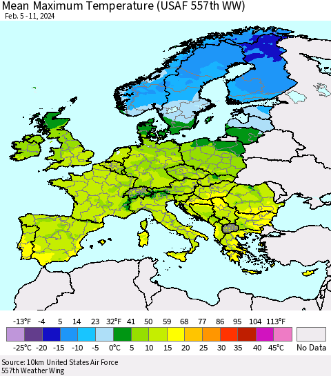 Europe Mean Maximum Temperature (USAF 557th WW) Thematic Map For 2/5/2024 - 2/11/2024