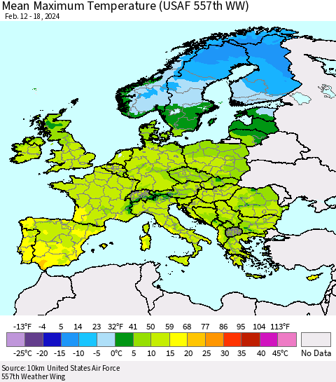 Europe Mean Maximum Temperature (USAF 557th WW) Thematic Map For 2/12/2024 - 2/18/2024