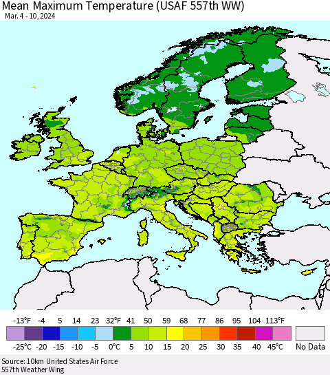 Europe Mean Maximum Temperature (USAF 557th WW) Thematic Map For 3/4/2024 - 3/10/2024