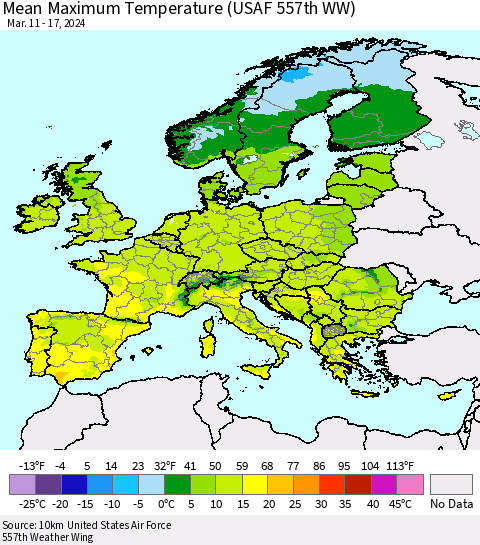Europe Mean Maximum Temperature (USAF 557th WW) Thematic Map For 3/11/2024 - 3/17/2024