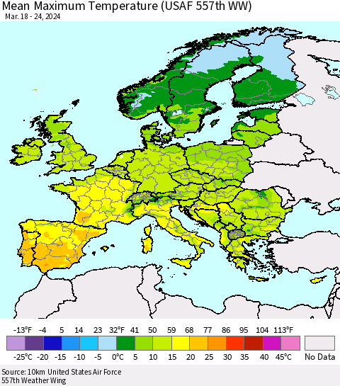Europe Mean Maximum Temperature (USAF 557th WW) Thematic Map For 3/18/2024 - 3/24/2024