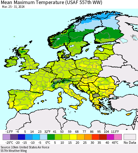 Europe Mean Maximum Temperature (USAF 557th WW) Thematic Map For 3/25/2024 - 3/31/2024