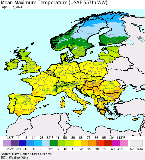 Europe Mean Maximum Temperature (USAF 557th WW) Thematic Map For 4/1/2024 - 4/7/2024