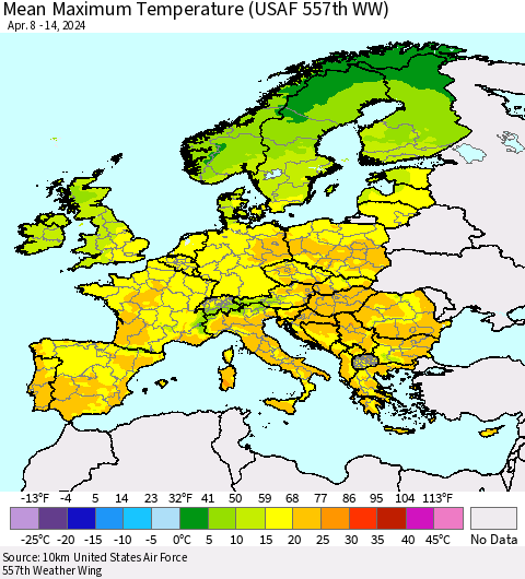 Europe Mean Maximum Temperature (USAF 557th WW) Thematic Map For 4/8/2024 - 4/14/2024