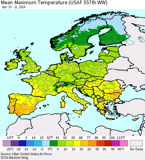 Europe Mean Maximum Temperature (USAF 557th WW) Thematic Map For 4/15/2024 - 4/21/2024