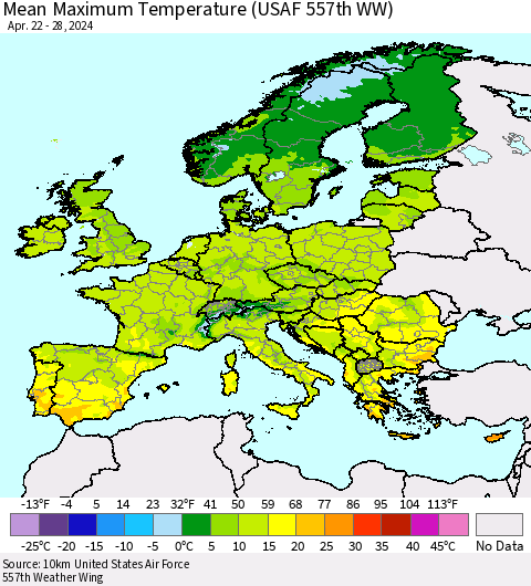 Europe Mean Maximum Temperature (USAF 557th WW) Thematic Map For 4/22/2024 - 4/28/2024