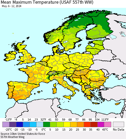 Europe Mean Maximum Temperature (USAF 557th WW) Thematic Map For 5/6/2024 - 5/12/2024