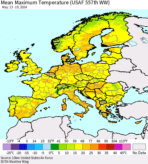 Europe Mean Maximum Temperature (USAF 557th WW) Thematic Map For 5/13/2024 - 5/19/2024
