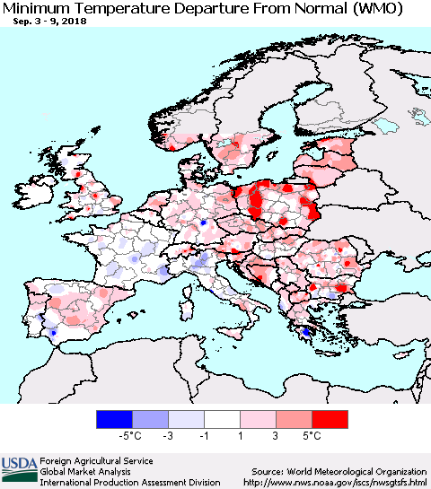 Europe Mean Minimum Temperature Departure from Normal (WMO) Thematic Map For 9/3/2018 - 9/9/2018