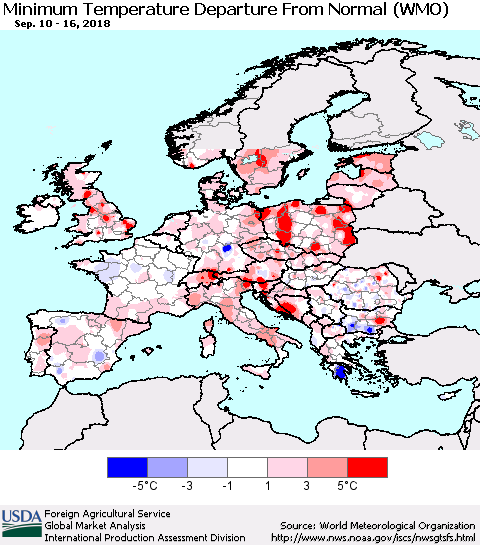 Europe Mean Minimum Temperature Departure from Normal (WMO) Thematic Map For 9/10/2018 - 9/16/2018