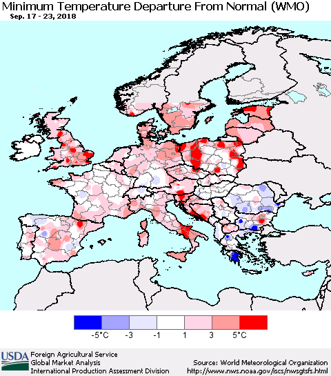 Europe Mean Minimum Temperature Departure from Normal (WMO) Thematic Map For 9/17/2018 - 9/23/2018