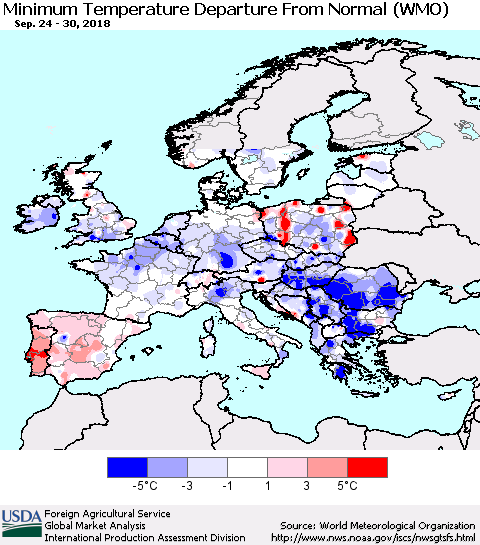 Europe Mean Minimum Temperature Departure from Normal (WMO) Thematic Map For 9/24/2018 - 9/30/2018