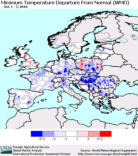 Europe Mean Minimum Temperature Departure from Normal (WMO) Thematic Map For 10/1/2018 - 10/7/2018