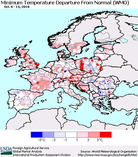 Europe Mean Minimum Temperature Departure from Normal (WMO) Thematic Map For 10/8/2018 - 10/14/2018