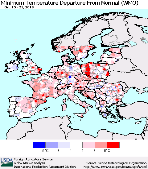 Europe Mean Minimum Temperature Departure from Normal (WMO) Thematic Map For 10/15/2018 - 10/21/2018