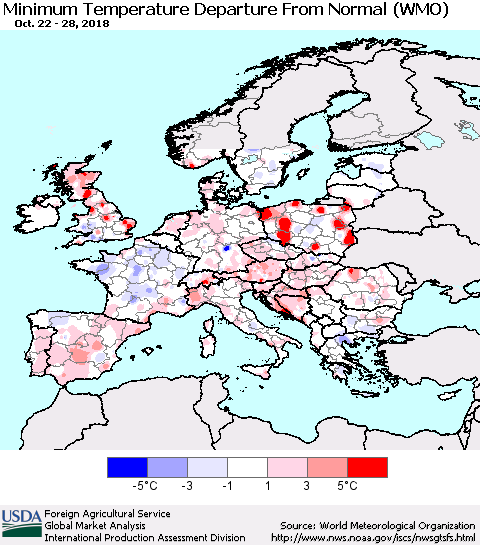 Europe Mean Minimum Temperature Departure from Normal (WMO) Thematic Map For 10/22/2018 - 10/28/2018