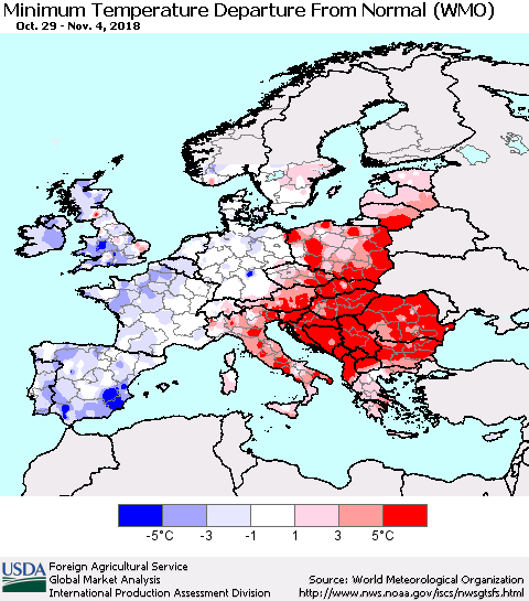 Europe Mean Minimum Temperature Departure from Normal (WMO) Thematic Map For 10/29/2018 - 11/4/2018
