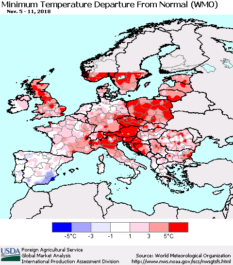 Europe Mean Minimum Temperature Departure from Normal (WMO) Thematic Map For 11/5/2018 - 11/11/2018