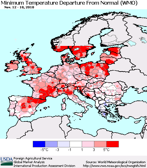 Europe Mean Minimum Temperature Departure from Normal (WMO) Thematic Map For 11/12/2018 - 11/18/2018