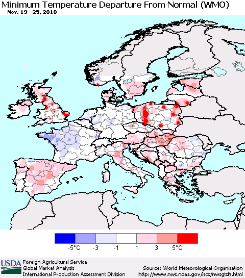 Europe Mean Minimum Temperature Departure from Normal (WMO) Thematic Map For 11/19/2018 - 11/25/2018