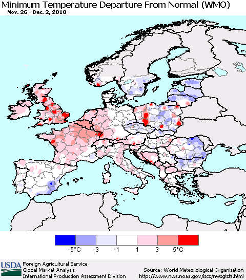 Europe Mean Minimum Temperature Departure from Normal (WMO) Thematic Map For 11/26/2018 - 12/2/2018