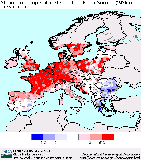 Europe Mean Minimum Temperature Departure from Normal (WMO) Thematic Map For 12/3/2018 - 12/9/2018