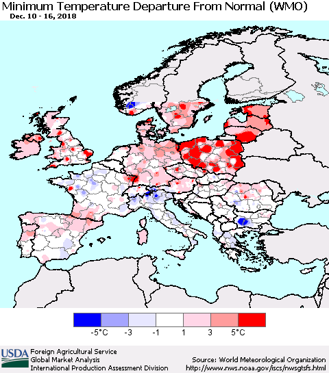 Europe Mean Minimum Temperature Departure from Normal (WMO) Thematic Map For 12/10/2018 - 12/16/2018