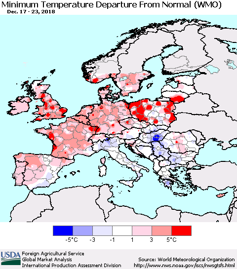 Europe Mean Minimum Temperature Departure from Normal (WMO) Thematic Map For 12/17/2018 - 12/23/2018