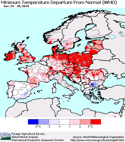 Europe Mean Minimum Temperature Departure from Normal (WMO) Thematic Map For 12/24/2018 - 12/30/2018