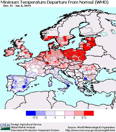 Europe Mean Minimum Temperature Departure from Normal (WMO) Thematic Map For 12/31/2018 - 1/6/2019