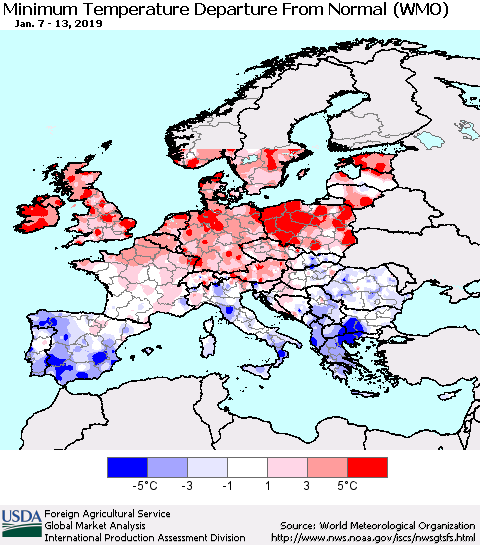 Europe Mean Minimum Temperature Departure from Normal (WMO) Thematic Map For 1/7/2019 - 1/13/2019