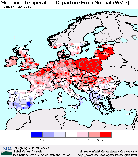 Europe Mean Minimum Temperature Departure from Normal (WMO) Thematic Map For 1/14/2019 - 1/20/2019