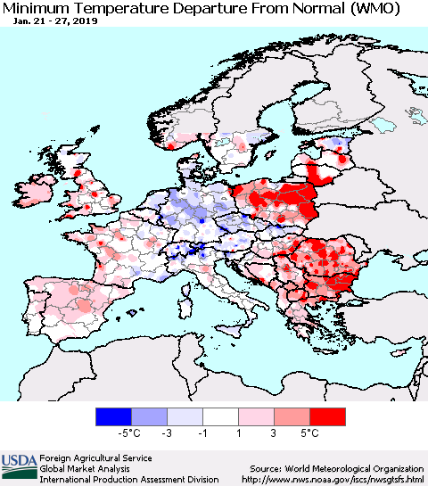 Europe Mean Minimum Temperature Departure from Normal (WMO) Thematic Map For 1/21/2019 - 1/27/2019