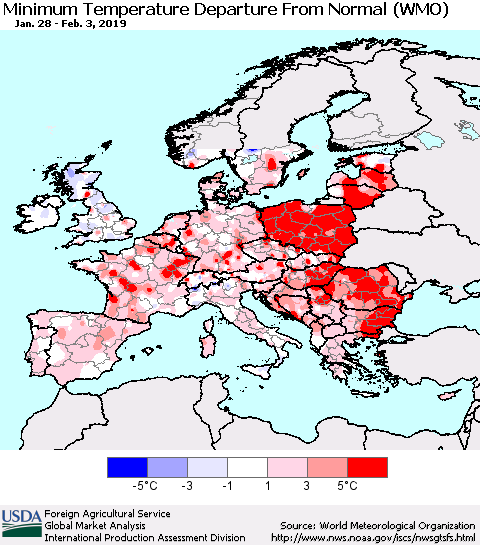 Europe Mean Minimum Temperature Departure from Normal (WMO) Thematic Map For 1/28/2019 - 2/3/2019