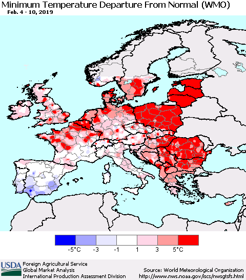 Europe Mean Minimum Temperature Departure from Normal (WMO) Thematic Map For 2/4/2019 - 2/10/2019