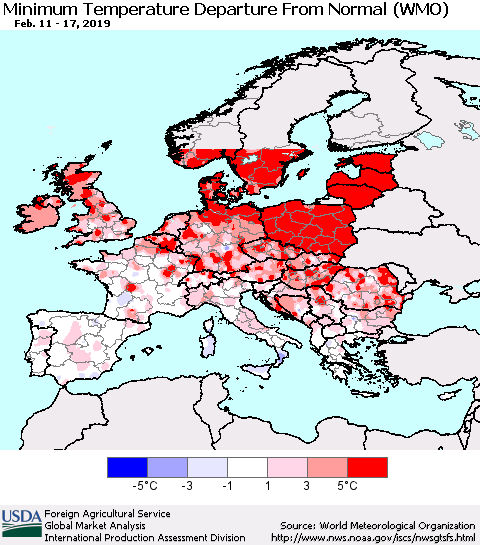 Europe Mean Minimum Temperature Departure from Normal (WMO) Thematic Map For 2/11/2019 - 2/17/2019