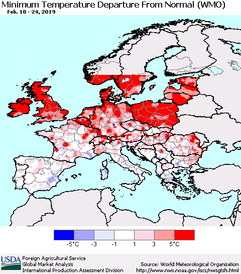 Europe Mean Minimum Temperature Departure from Normal (WMO) Thematic Map For 2/18/2019 - 2/24/2019