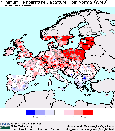 Europe Mean Minimum Temperature Departure from Normal (WMO) Thematic Map For 2/25/2019 - 3/3/2019