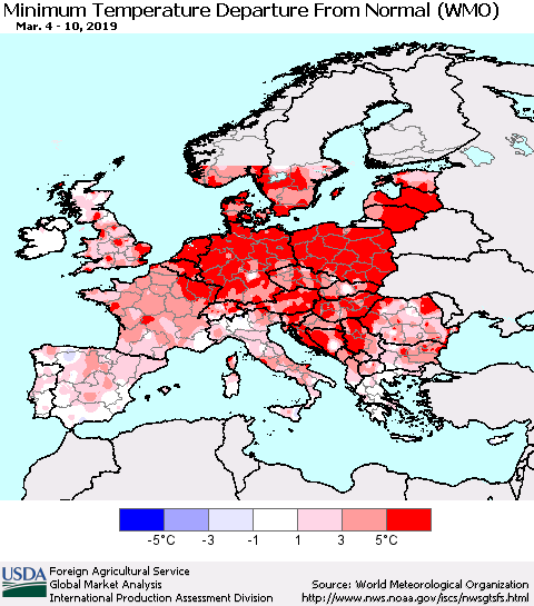 Europe Mean Minimum Temperature Departure from Normal (WMO) Thematic Map For 3/4/2019 - 3/10/2019