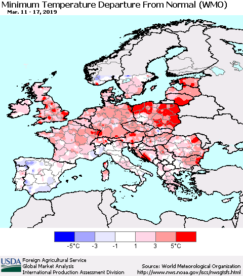Europe Mean Minimum Temperature Departure from Normal (WMO) Thematic Map For 3/11/2019 - 3/17/2019