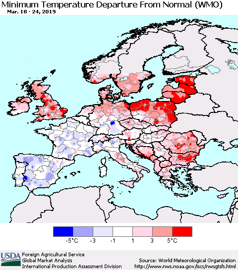 Europe Mean Minimum Temperature Departure from Normal (WMO) Thematic Map For 3/18/2019 - 3/24/2019