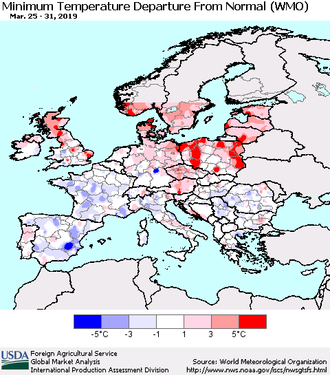 Europe Mean Minimum Temperature Departure from Normal (WMO) Thematic Map For 3/25/2019 - 3/31/2019