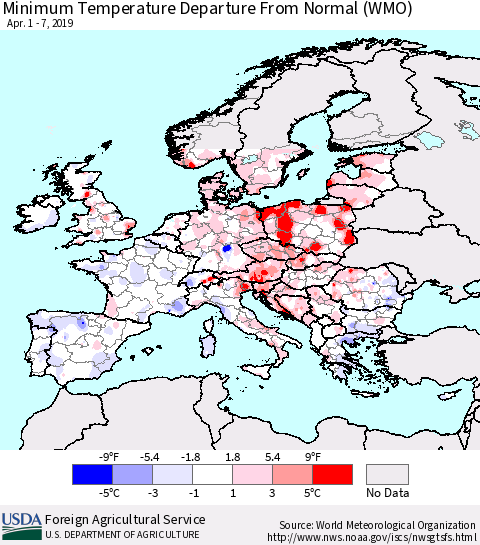 Europe Mean Minimum Temperature Departure from Normal (WMO) Thematic Map For 4/1/2019 - 4/7/2019