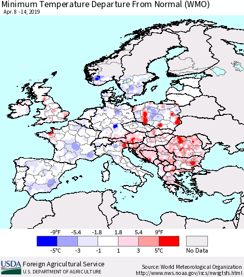 Europe Mean Minimum Temperature Departure from Normal (WMO) Thematic Map For 4/8/2019 - 4/14/2019