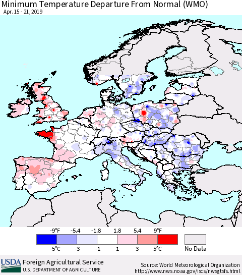 Europe Mean Minimum Temperature Departure from Normal (WMO) Thematic Map For 4/15/2019 - 4/21/2019