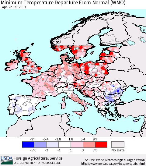 Europe Mean Minimum Temperature Departure from Normal (WMO) Thematic Map For 4/22/2019 - 4/28/2019