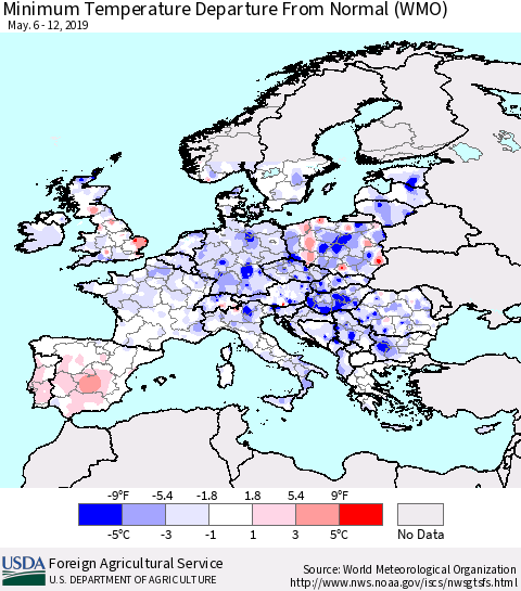 Europe Mean Minimum Temperature Departure from Normal (WMO) Thematic Map For 5/6/2019 - 5/12/2019