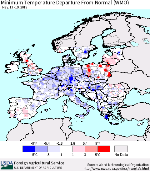 Europe Mean Minimum Temperature Departure from Normal (WMO) Thematic Map For 5/13/2019 - 5/19/2019